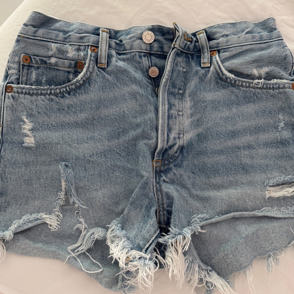 Agolde Parker Blue Distressed Jean Shorts High-Waisted Relaxed Fit